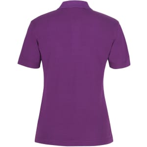A purple polo shirt with a collar and short sleeves, featuring a logo on the back.