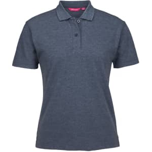 A dark grey polo shirt with a collar, short sleeves, and a buttoned placket. It features a logo.