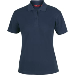 A navy blue ladies polo shirt with a collar and three buttons, featuring a logo on the chest.