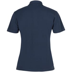 A navy blue ladies' polo shirt with a classic collar and short sleeves, featuring a logo on the back.