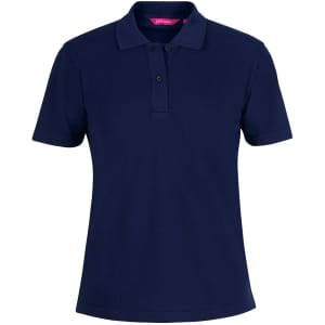 A navy polo shirt with a collar, three buttons, and a logo on the chest. Suitable for casual or business wear.