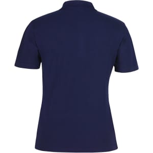 A navy blue polo shirt with a classic collar and short sleeves, featuring a logo on the back.