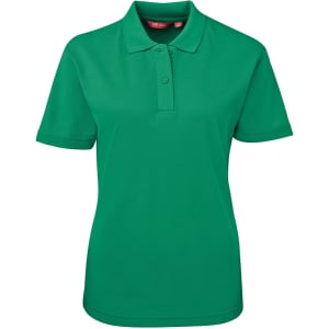 A green polo shirt for women featuring a collar and short sleeves, with a logo on the chest.