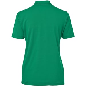 A green polo shirt with a classic collar, featuring a logo on the back.