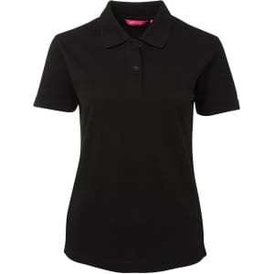 A black ladies' polo shirt featuring a collar and a three-button placket, with a logo on the chest.