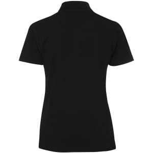A black polo shirt with a classic collar, featuring a logo on the back.