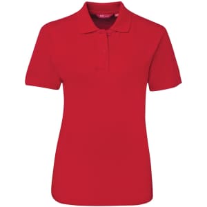 A red polo shirt with a collar and short sleeves, featuring a logo on the chest.