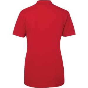 A red polo shirt featuring a collar and short sleeves, with a logo on the back.
