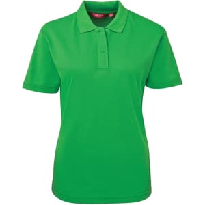 A green ladies' polo shirt featuring a collar and short sleeves, with a logo on the chest area.