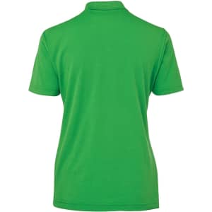 A vibrant green polo shirt featuring a collar and short sleeves, with a logo.