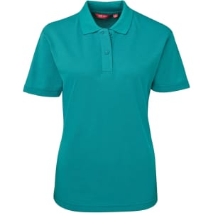 A teal women's polo shirt with a collar, short sleeves, and a brand logo.