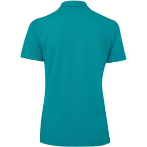 A turquoise polo shirt for women with a classic collar and short sleeves, featuring a logo on the back.