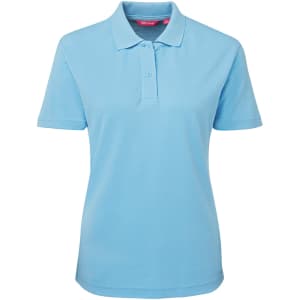 A light blue polo shirt for women featuring a collar and button placket, with a small logo displayed.