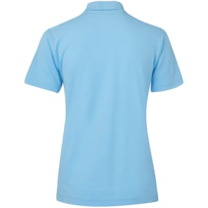 A light blue women's polo shirt featuring a collar and short sleeves, with a logo on the side.
