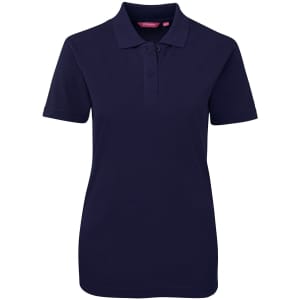 A navy blue ladies' polo shirt with a collar, short sleeves, and a logo on the chest.