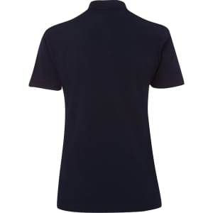 A navy blue ladies' polo shirt with short sleeves and a collar, featuring a logo on the back.