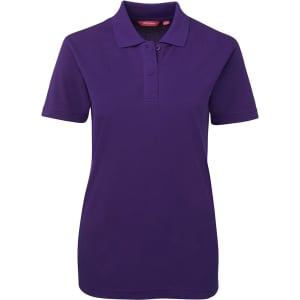 A purple polo shirt featuring a collar, short sleeves, and a logo on the chest area.