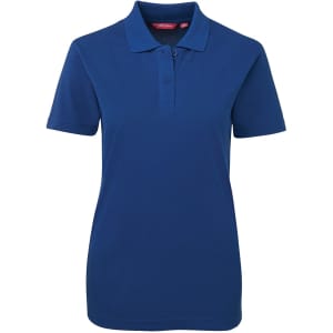 A short-sleeve polo shirt in a deep blue colour with a collar and three-button placket, featuring a small logo.
