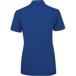 A blue polo shirt featuring a collar and short sleeves, with a logo on the back.