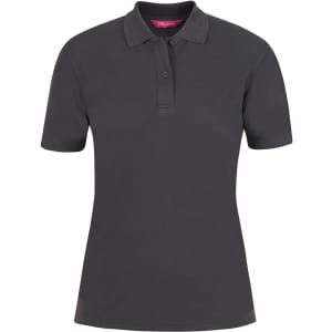 A dark grey ladies' polo shirt featuring a collar, short sleeves, and a logo.