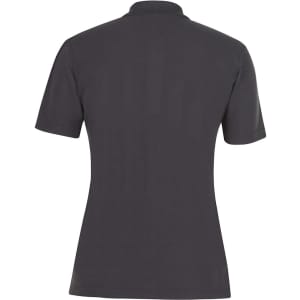 A dark grey polo shirt with a classic collar and short sleeves, featuring branding on the back.