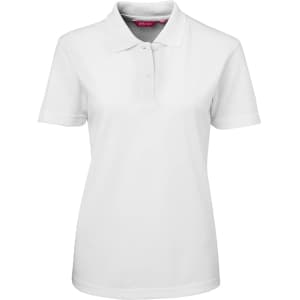 A white women's polo shirt with a collar and short sleeves, featuring a logo.