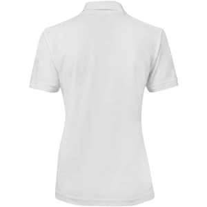 A white ladies' polo shirt featuring a classic collar and short sleeves, designed in a fitted style with a logo.