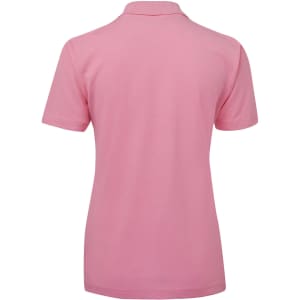 A pink polo shirt with a classic collar and short sleeves, featuring a logo on the back.