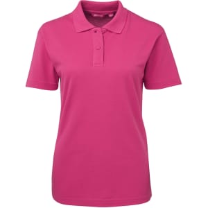 A pink women's polo shirt featuring a collar, short sleeves, and a logo on the chest.