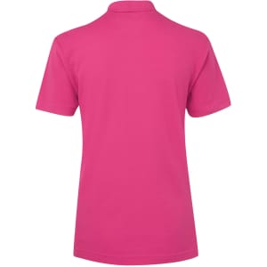 A pink polo shirt with a collar and short sleeves, featuring a branding logo on the back.