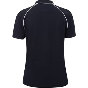 A navy and white ladies' raglan polo shirt, featuring a simple design and a logo on the back.