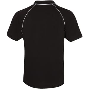 A black raglan polo shirt featuring white piping, with no visible branding or text.