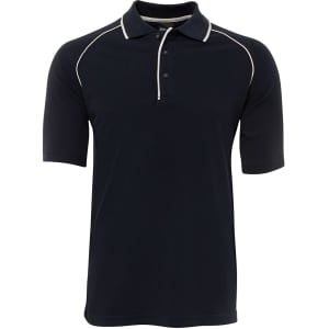 A black raglan polo shirt featuring short sleeves and contrasting trim. Includes a brand logo.