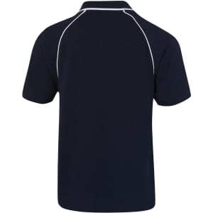 A navy blue polo shirt featuring a contrasting white piping detail and a logo on the back.