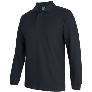 A long-sleeve polo shirt in black, featuring a classic collar and a logo on the chest.