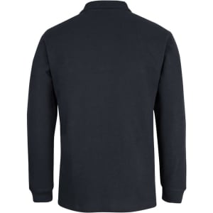A black long-sleeve polo shirt featuring a collar and a simple design, with a logo on the chest area.