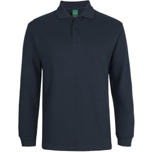 A long-sleeve polo shirt in navy blue with a branded logo on the chest.