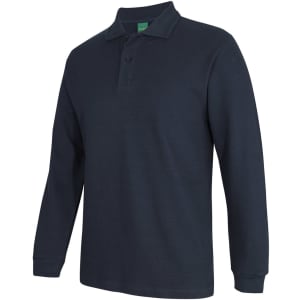 A long-sleeved navy blue polo shirt with a collar and a logo on the chest.