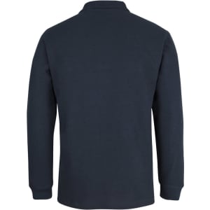 A dark navy long-sleeve polo shirt with a classic collar, featuring a subtle logo.