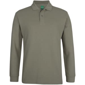 A long-sleeve, olive-green cotton polo shirt with a collar and a logo.