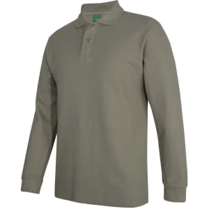 A long-sleeved polo shirt in olive green with a collar and a logo on the chest.