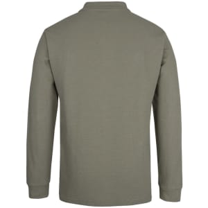 A long-sleeve olive green polo shirt with a collar and a logo on the back.