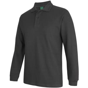 A long-sleeve polo shirt in dark green, featuring a classic collar and three-button placket. The shirt has a logo.