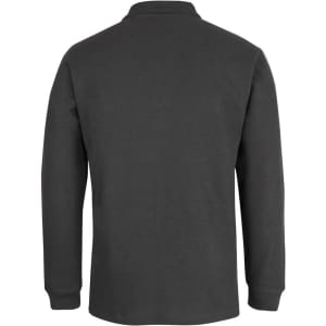 A dark green long-sleeved polo shirt with a collar and long sleeves, featuring a logo on the back.