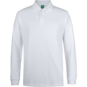 A long-sleeve polo shirt in white with a collar and a branding logo on the chest.