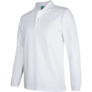 A white long-sleeve polo shirt with a collar, featuring a logo on the chest.