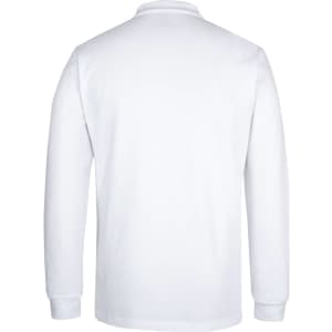 A white long-sleeve polo shirt with a collar, featuring a logo on the back.