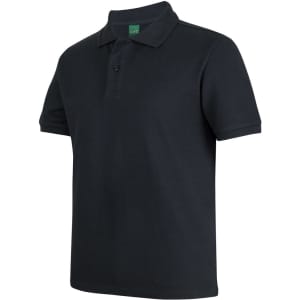 A black polo shirt featuring a classic collar, short sleeves, and a branding logo at the neck.