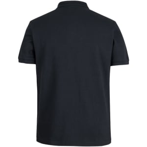 A black polo shirt with a collar and short sleeves, featuring a logo on the back.