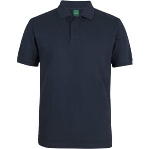 A navy polo shirt with a collar and a branded label. Suitable for casual or semi-formal wear.
